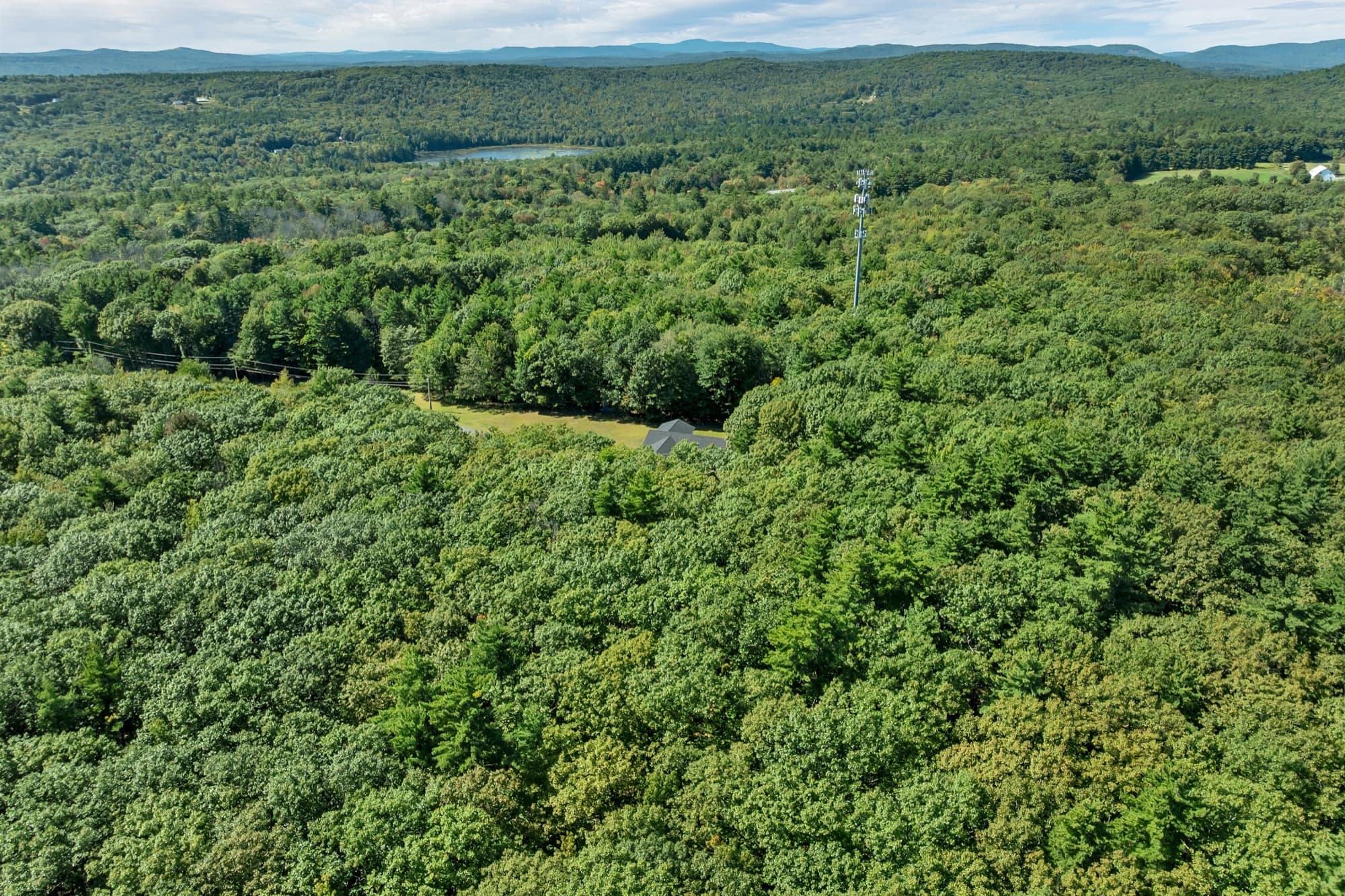 The woods rolling away to the hills on the horizon, with a lake in the distance, from the air above the house