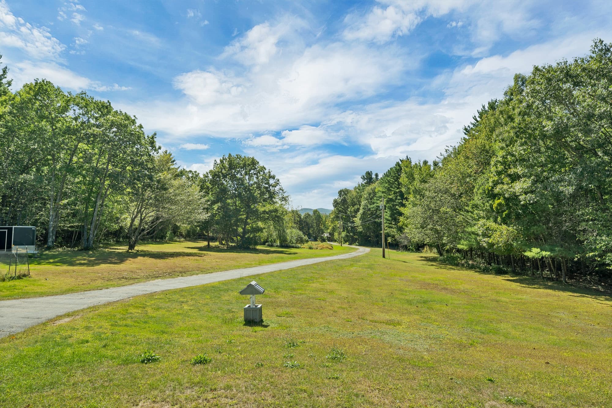 The view from the porch down the lawn and the driveway to the trees